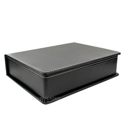 Flachmann mit schwarzer Lederhülle in hochwertigem Geschenkset