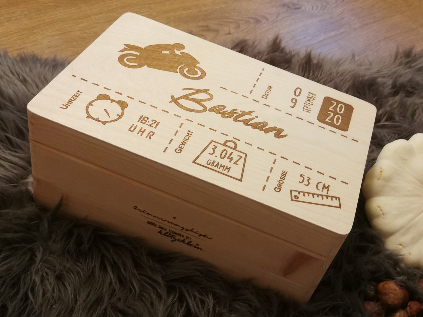 Erinnerungskiste - Motorrad mit Geburtsdaten