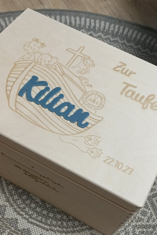 Erinnerungskiste - Zur Taufe - Name 3D mit Arche