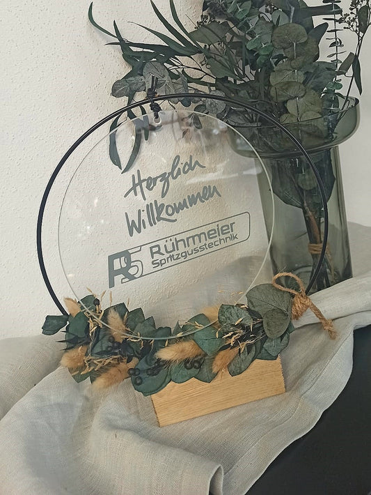 Glasscheibe - Herzlich Willkommen mit Logo