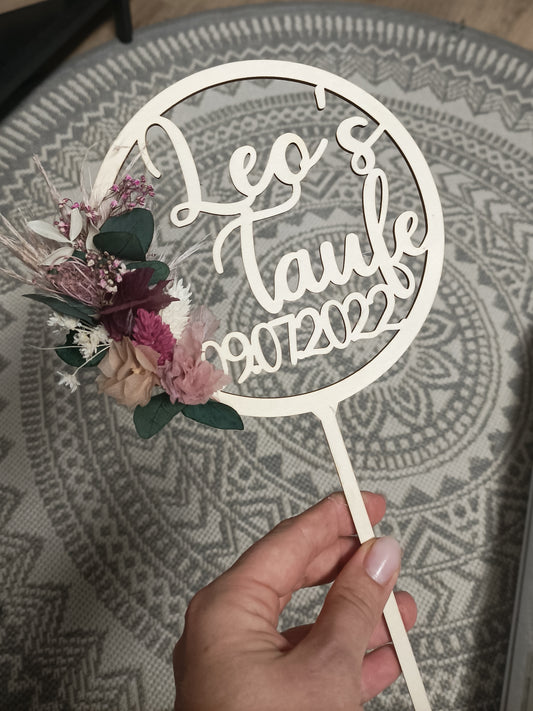Caketopper Taufe - Kreisrahmen mit Name & Trockenblumen