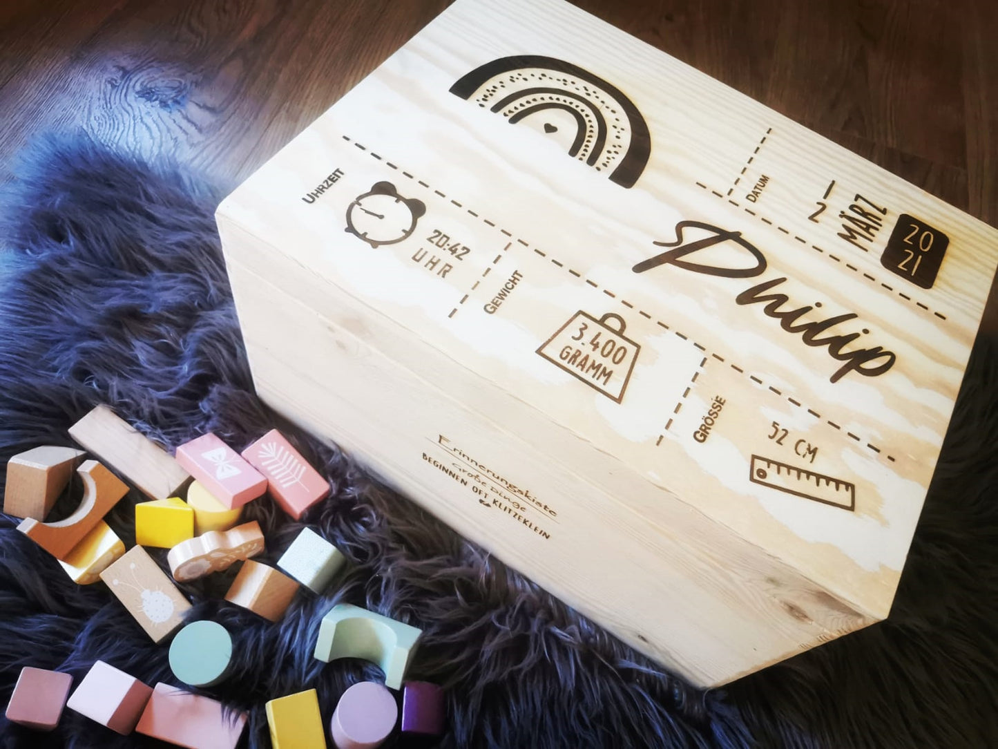 Erinnerungskiste - Regenbogen klein mit Geburtsdaten